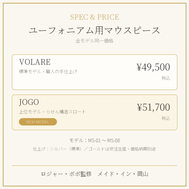 Volareユーフォニアム用マウスピースの価格表(VOLARE 49,500円・JOGO 51,700円)