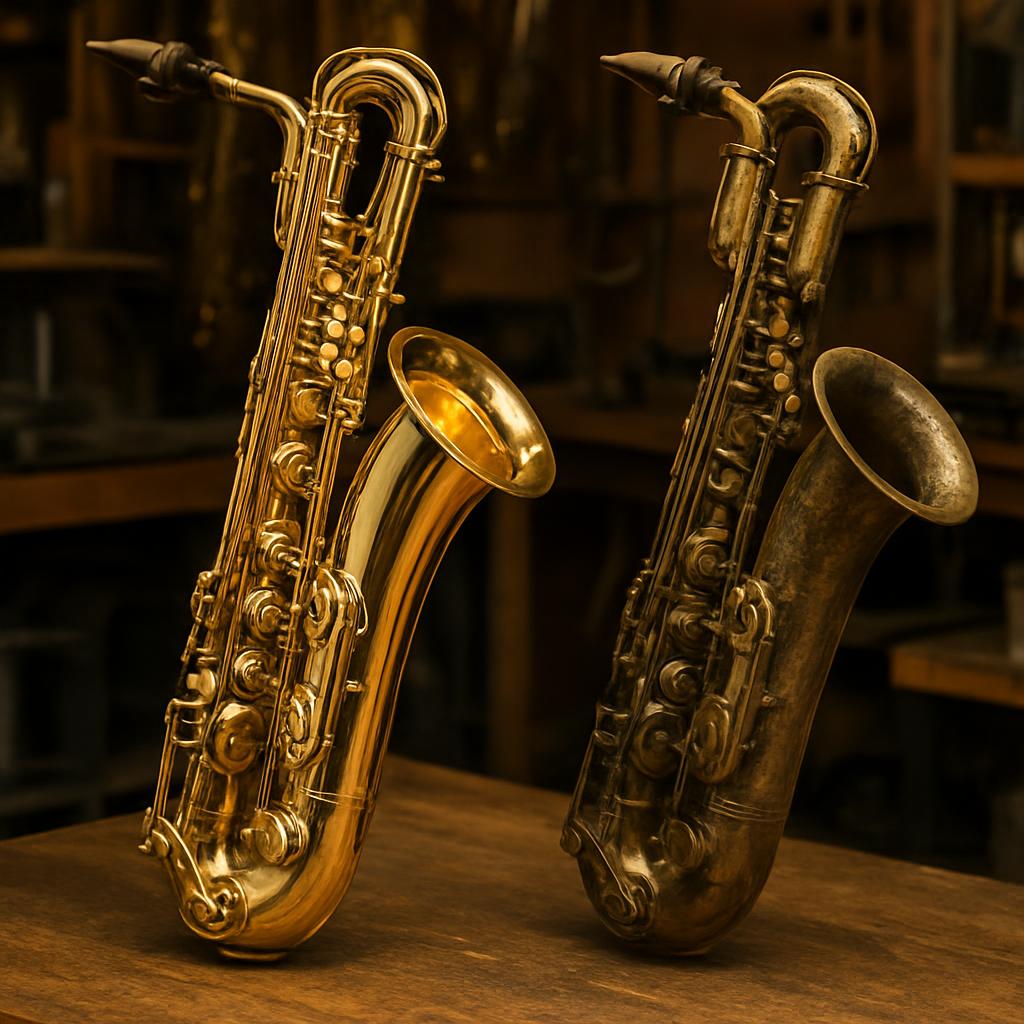 新品と中古のバリトンサックスを比較している様子